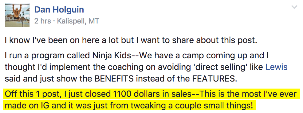 Dan's Testimonial: Off this 1 post, I just closed 1100 dollars in sales...